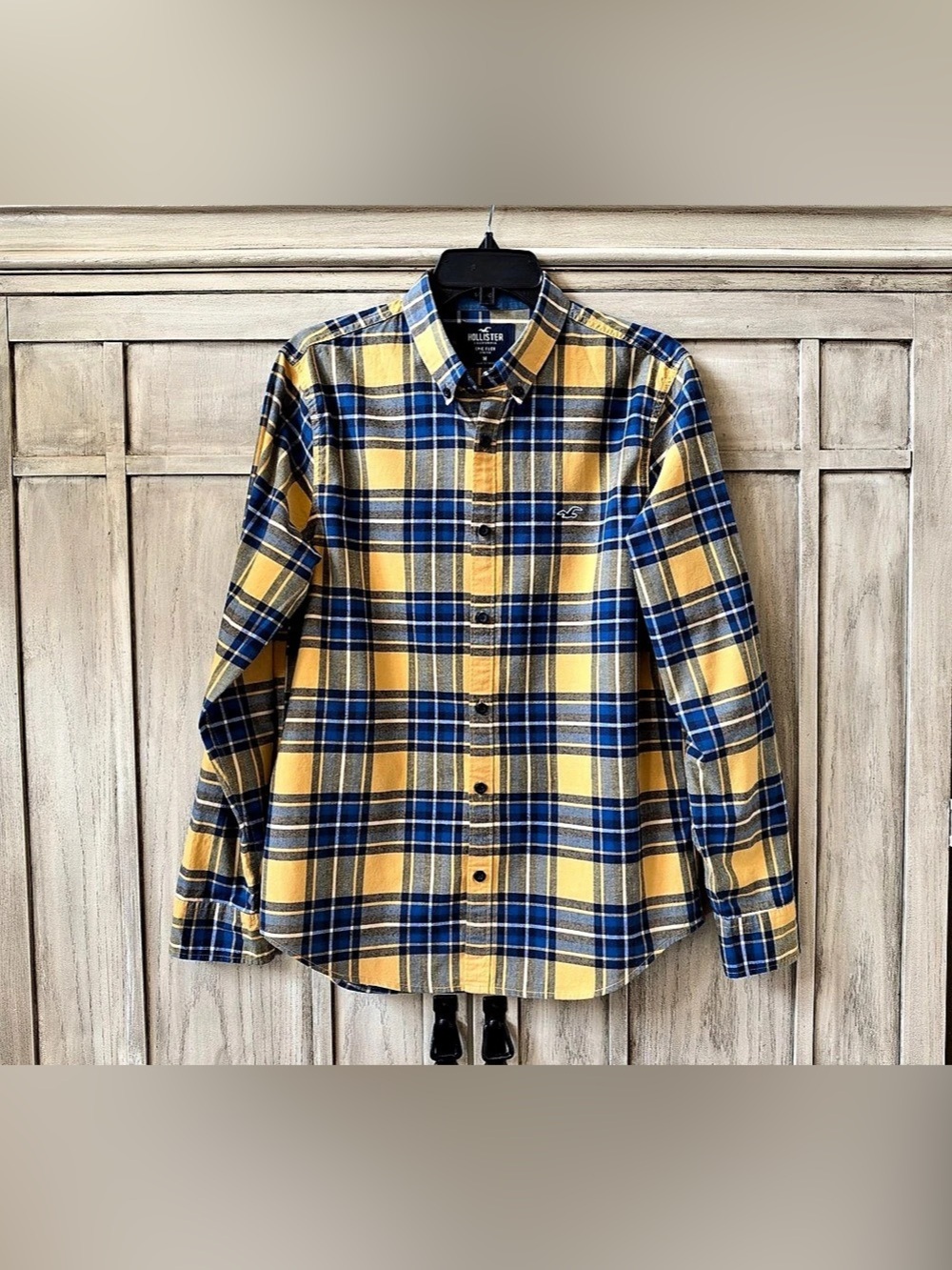 Hollister Men’s Epic Flex Long Sleeve Button Down Plaid Shirt Yellow Blue Medium